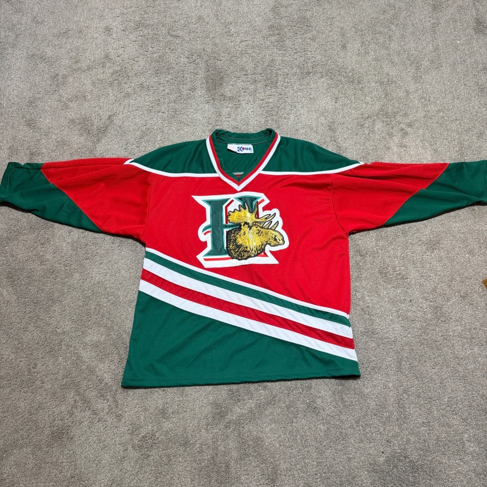 Vintage Kobe Hockey Jersey Red Green Moose Logo Made in Canada Mens Large